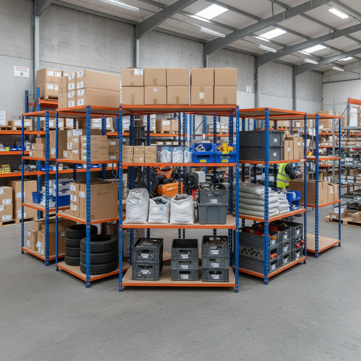 5x Heavy Duty Industrial Shelving - 1980mm High - 340kg Capacity - Chipboard - Blue & Orange - Side view