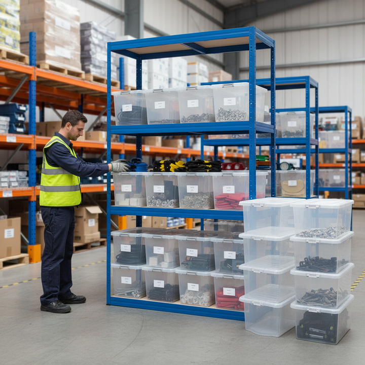 Premium Heavy Duty Shelving Unit - 1600mm High with 12x 60L Plastic Storage Boxes - Side view