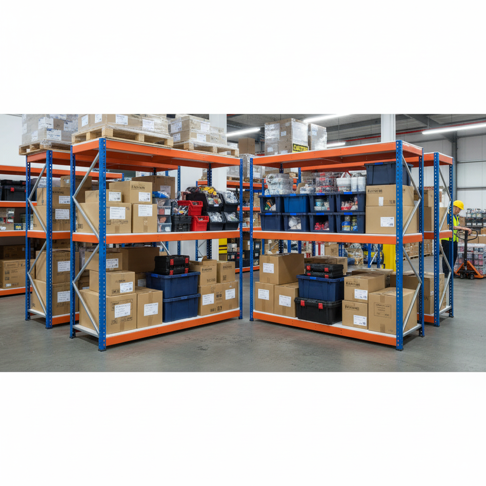 4x Heavy Duty Industrial Shelving - 2440mm High - 400kg Capacity - Melamine - Blue & Orange - Side view