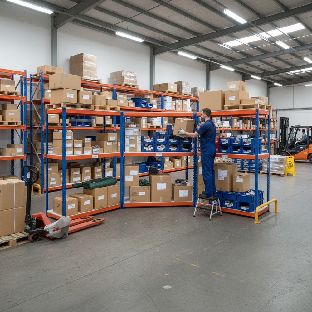 5x Heavy Duty Industrial Shelving - 2440mm High - 400kg Capacity - Melamine - Blue & Orange - Side view