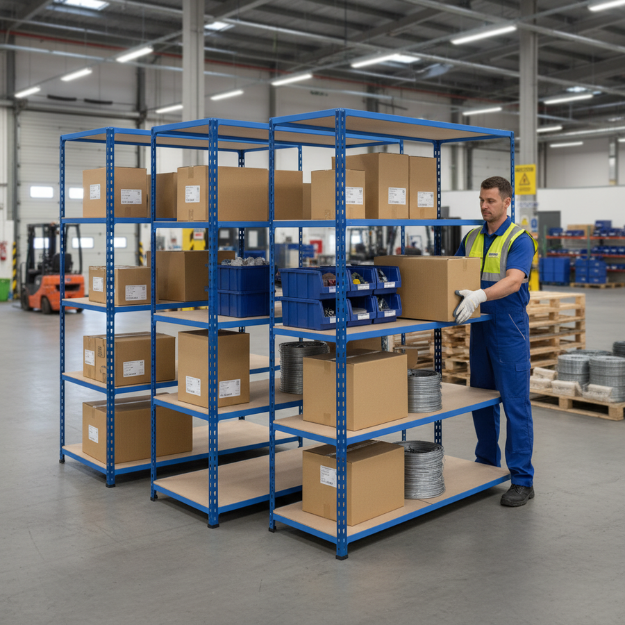 Heavy Duty Industrial Shelving - 2440mm High - 200kg Capacity - Chipboard - Blue Finish - Front view