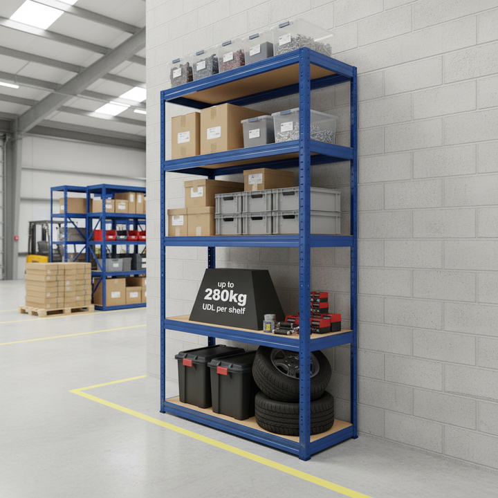 Heavy Duty Industrial Shelving - 1800mm High - 200/280kg Capacity - Blue - Front view